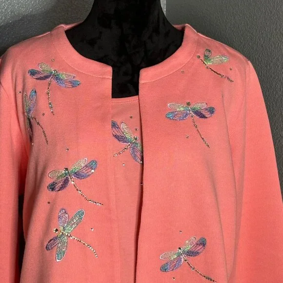 Quacker Factory Sweater Top Large Dragonfly Embellished Coral Pink 2-in-1 - Picture 2 of 8